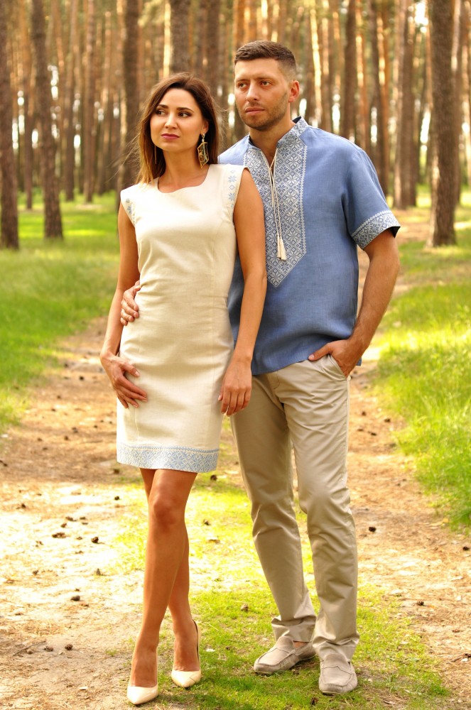 Чоловіча сорочка з коротким рукавом і жіноче плаття з лаконічною вишивкою Модель: М21к-271 и П01/21-241