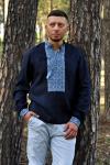 Чоловіча сорочка з льону глибокого синього кольору з виразною вишивкою Модель: М07/1-293