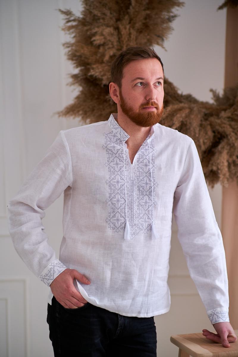 Вишиванка чоловіча сорочка на білому льоні (сіро - біла вишивка)  Модель: М01/1-211