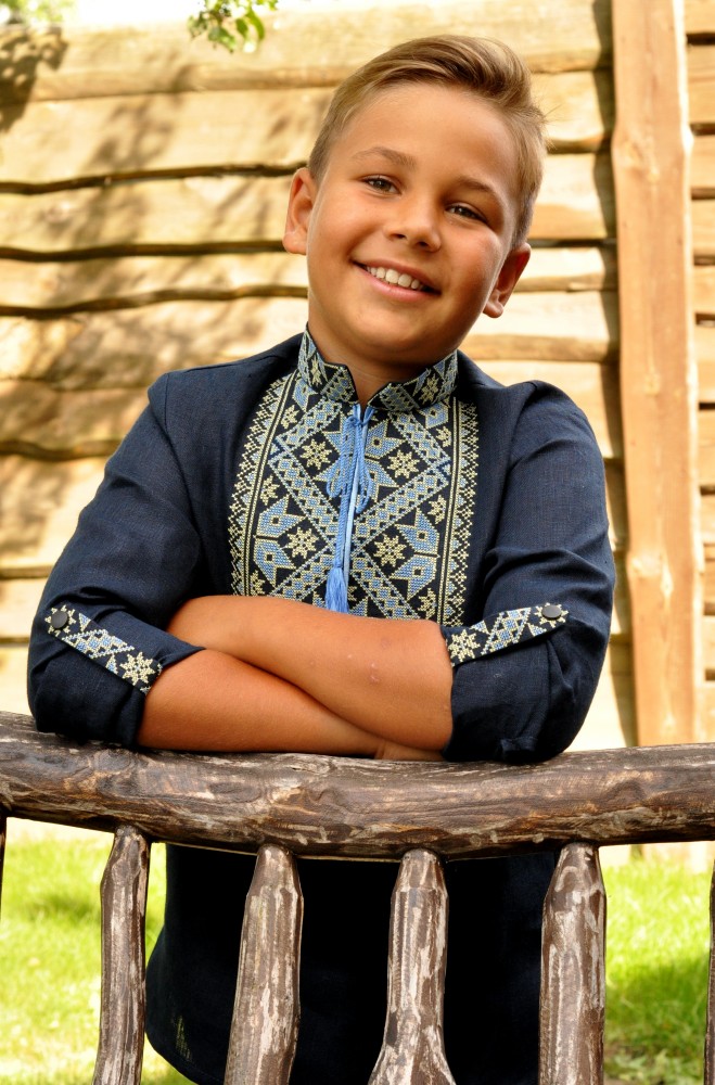 Дитяча синя вишиванка для хлопчика з геометричним орнаментом Модель: ДМ18/1-295 фото 1