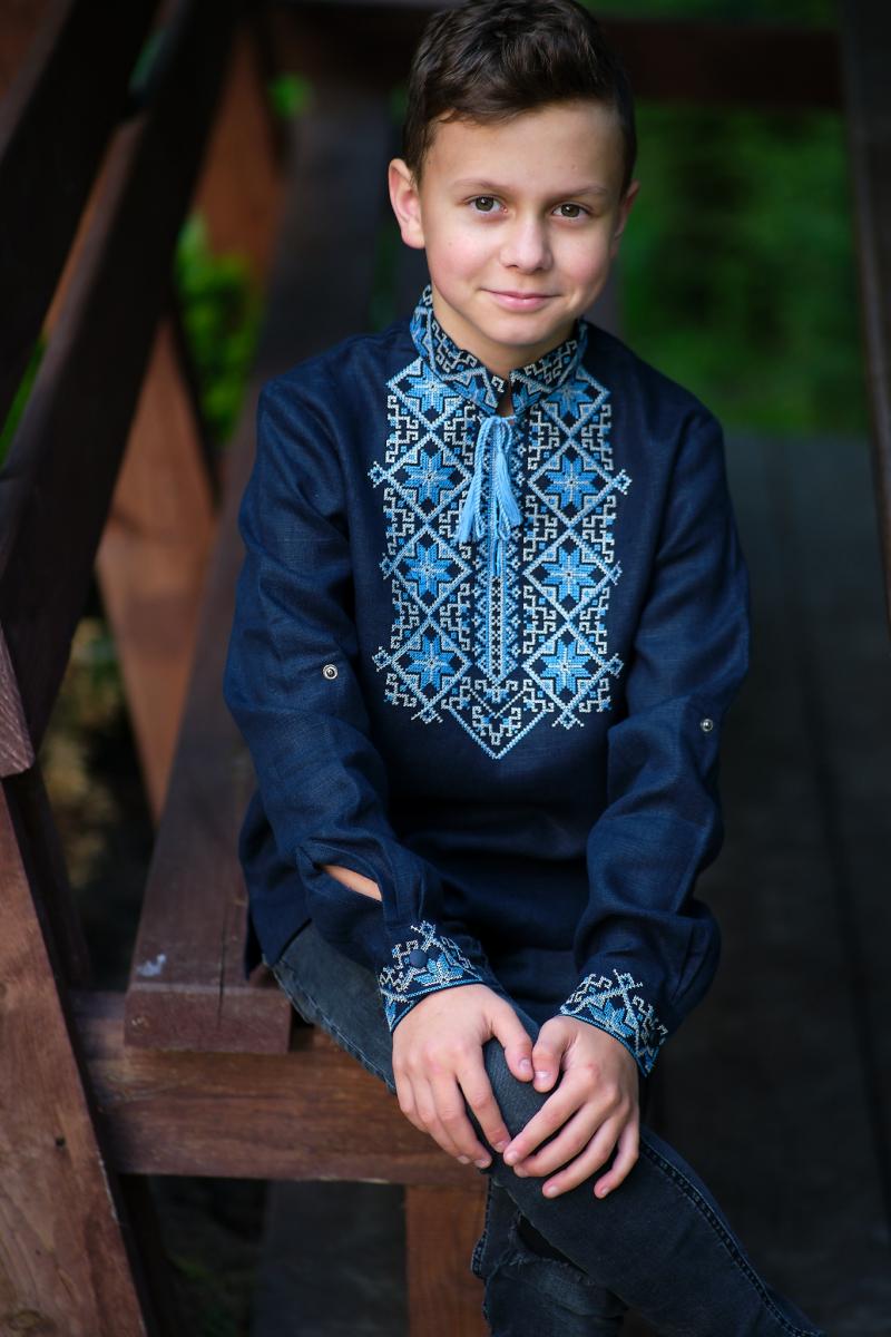 Дитяча вишита сорочка для хлопчика з синього льону Модель: ДМ01/1-293