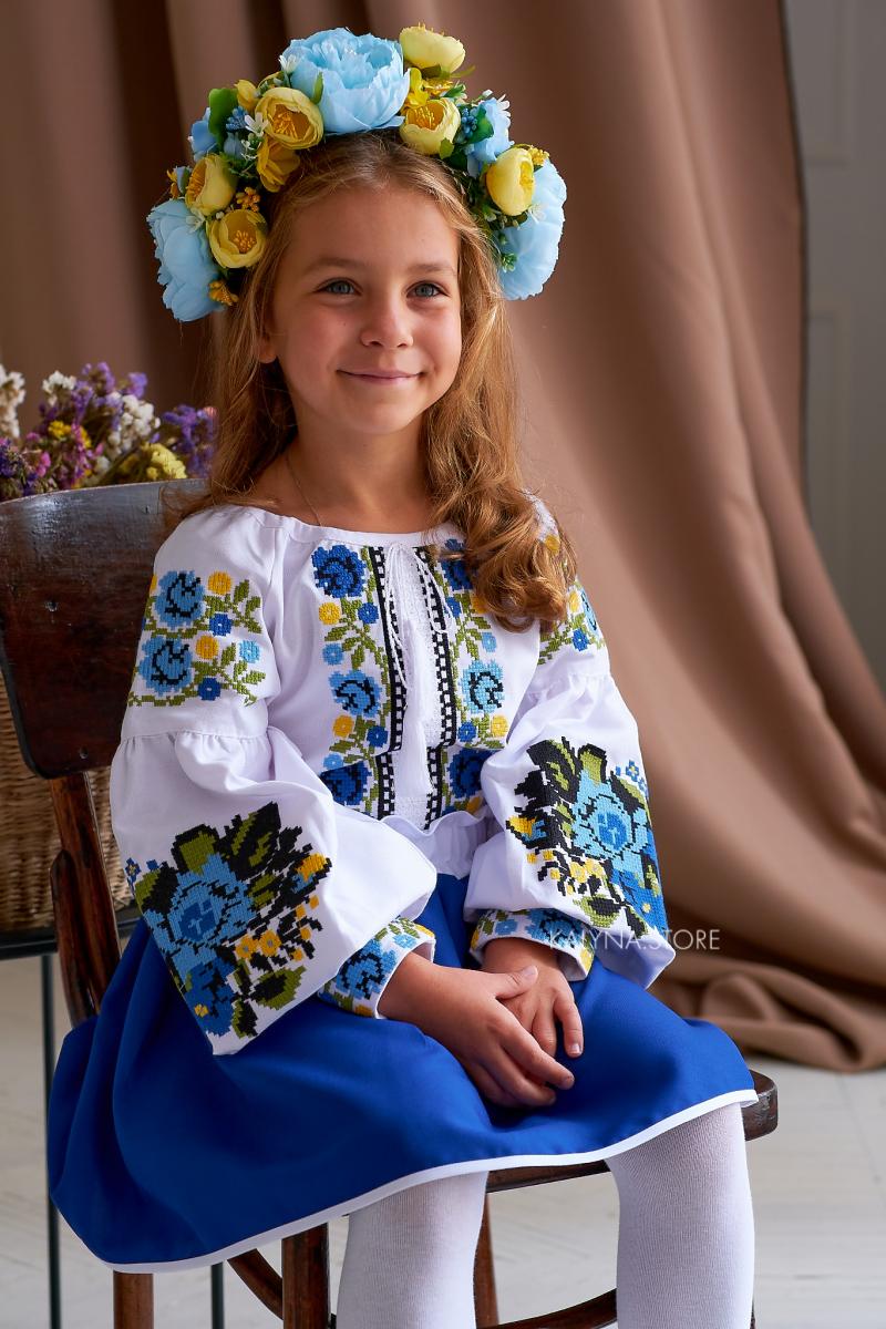 Вишиванка для дівчинки з натуральної тканини "Мавка блакитна", 116-158 см фото 1