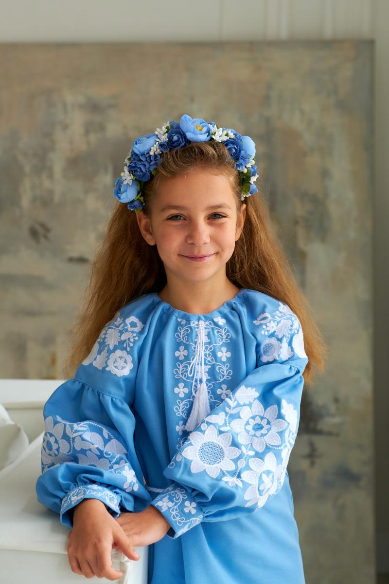 Сукня для дівчинки ніжно блакитного кольору "Хмаринка" на домотканому полотні фото 1