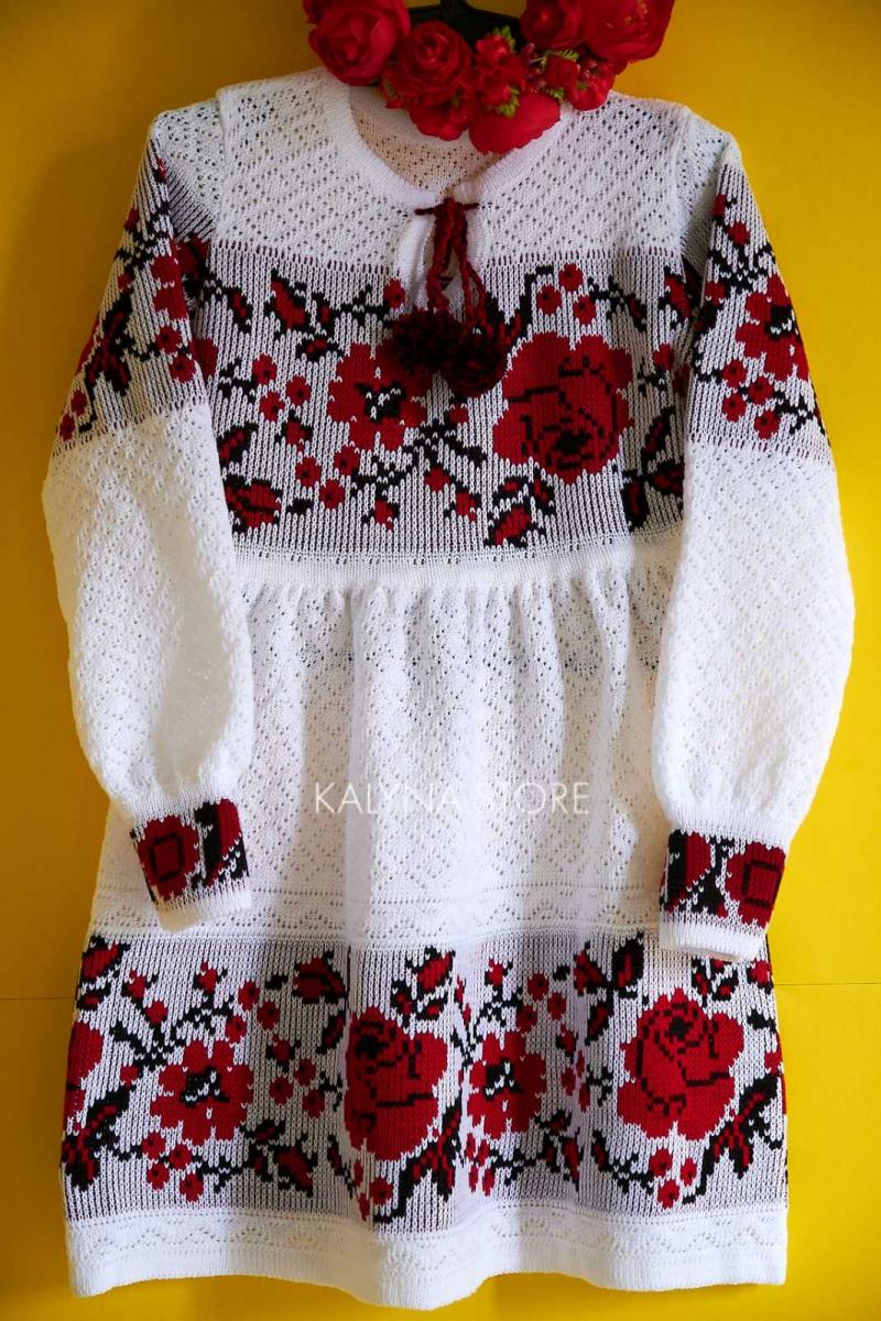 Ніжна сукня для дівчинки з натуральної тканини "В'язані троянди червоні" 100% бавовна  фото 1