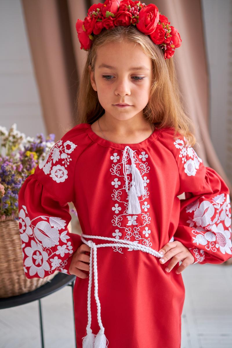 Червона сукня для дівчинки з натуральної тканини "Білі квіти" фото 1