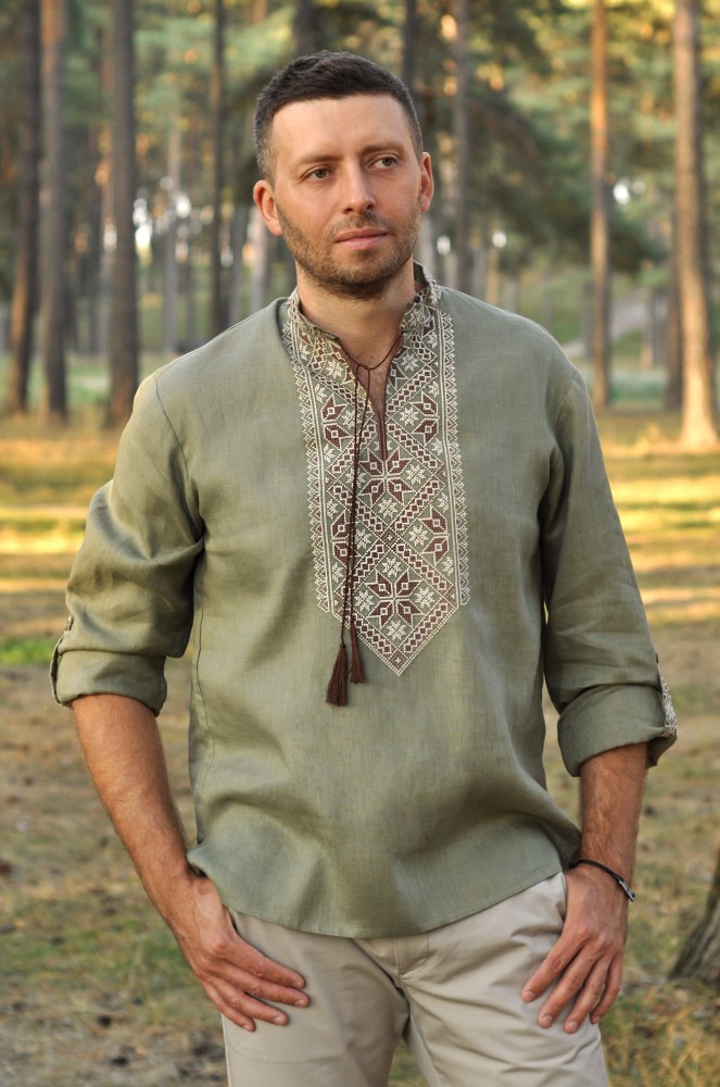 Чоловіча сорочка-вишиванка у стилі мілітарі з 100% льону Модель: М18/1-236