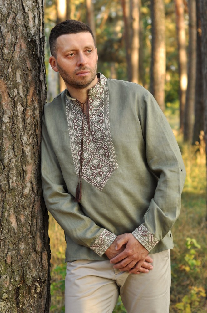 Чоловіча сорочка-вишиванка у стилі мілітарі з 100% льону Модель: М18/1-236 фото 1