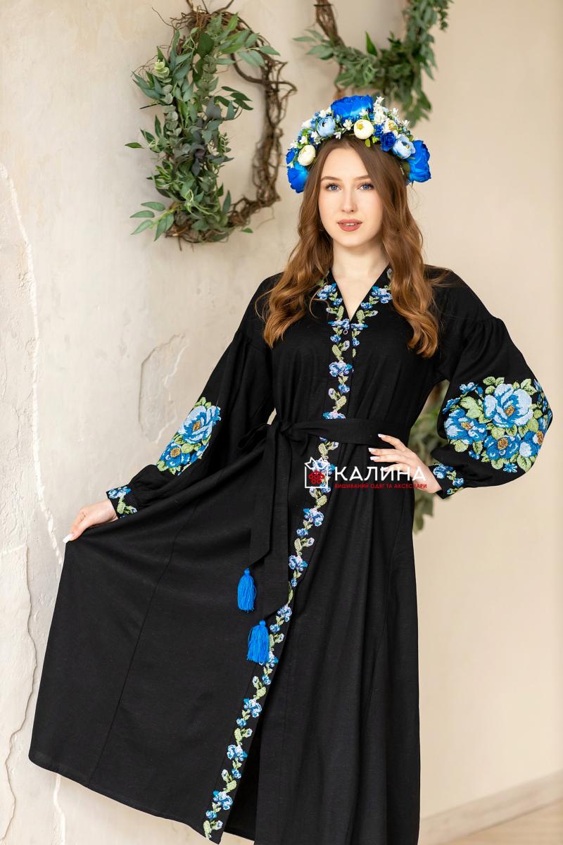Неймовірна жіноча сукня чорного кольору "Квіти блакитні"
