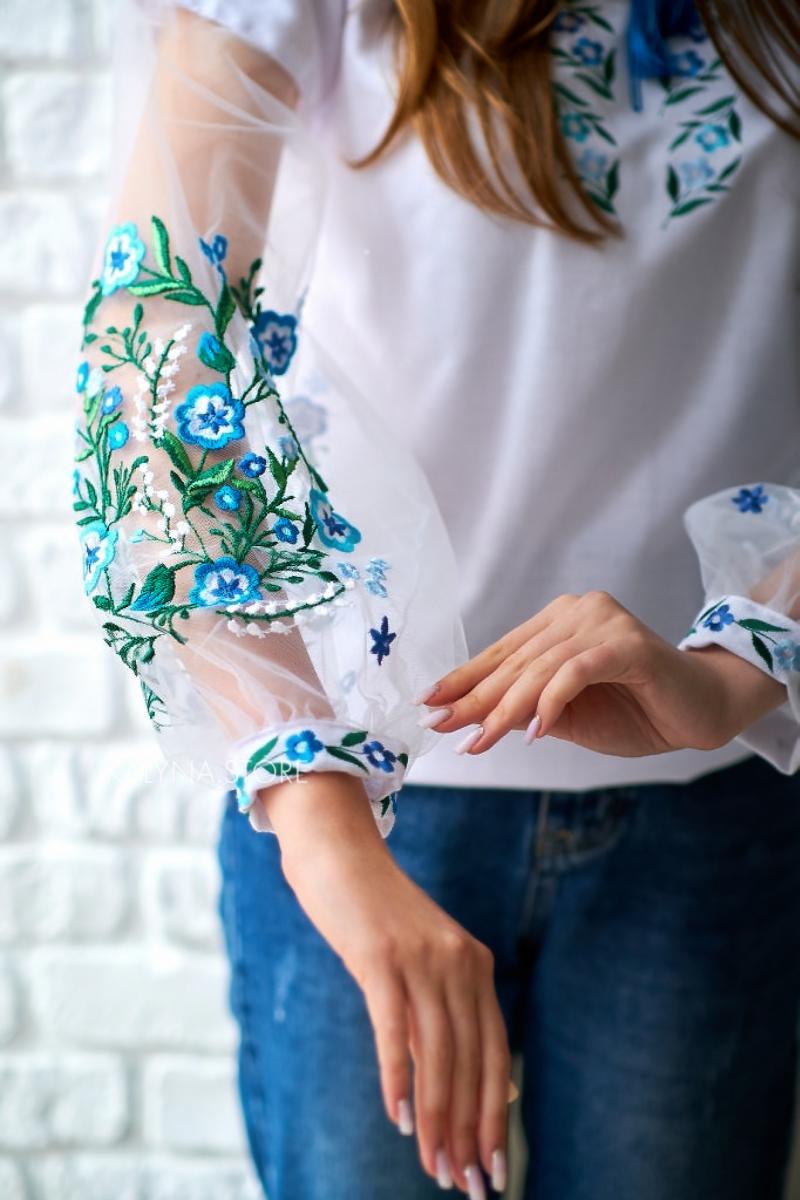 Жіноча вишиванка з рукавом євросітка "Сад" блакитні квіти фото 2