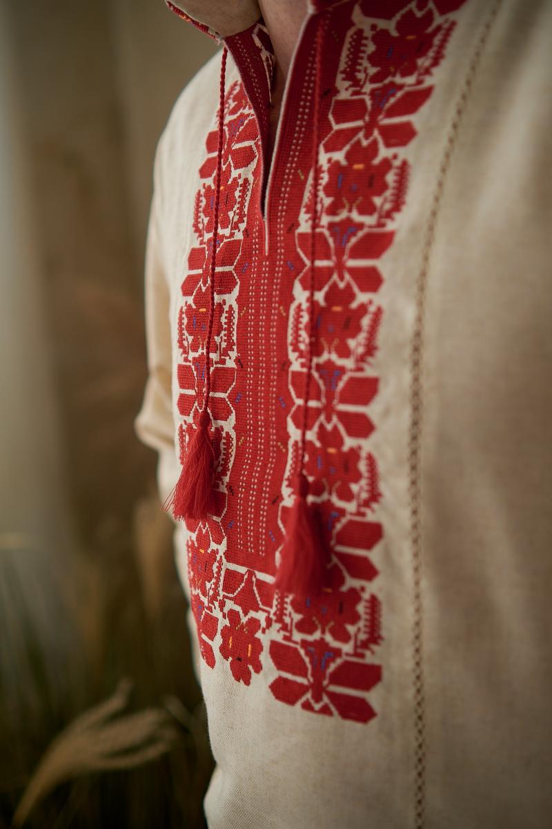 Чоловіча лляна вишиванка "Марево" (червона вишивка) від ТМ "КАЛИНА" фото 3