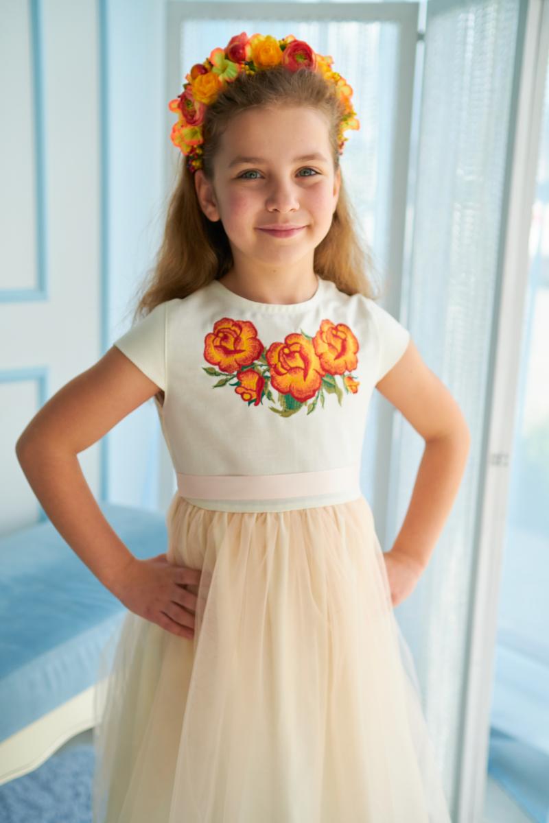 Сукня на короткий рукав для дівчаток "Ніжні троянди" (оранж) від ТМ "КАЛИНА" фото 1