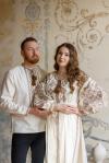 Вишуканий парний комлпект (жіноча лляна сукня в довжині міді та чоловіча вишиванка) "Сузір'я" від ТМ КАЛИНА