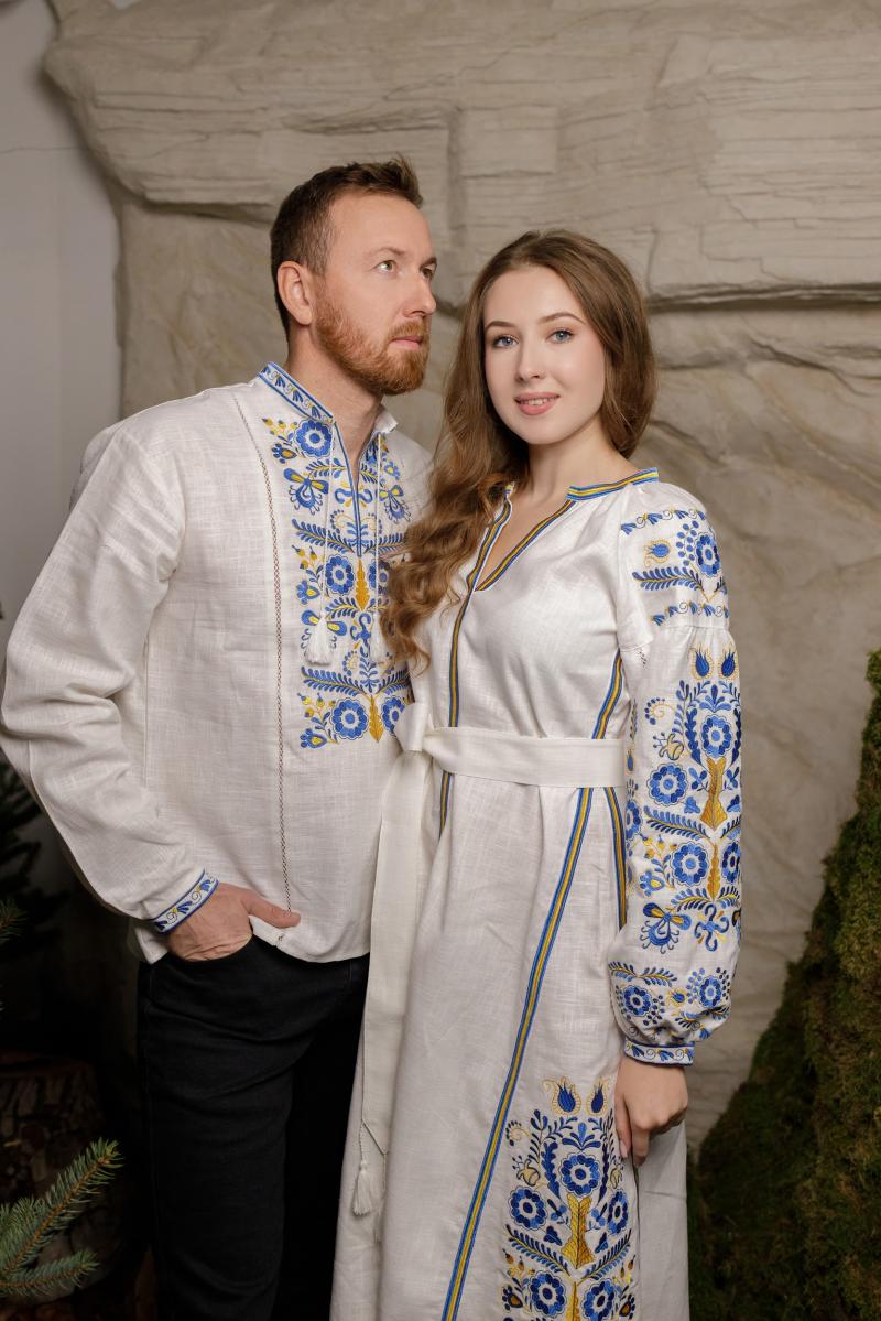 Парний лляний комплект "РОЗМАЙ"  (сукня+вишиванка) в патріотичних кольорах від ТМ КАЛИНА  фото 1