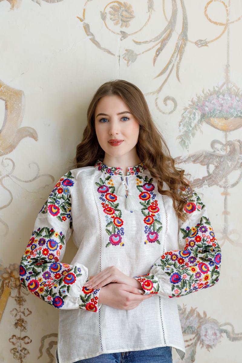 Яскрава жіноча лляна вишиванка на довгий рукав "Петриківська розкіш" від ТМ КАЛИНА фото 1