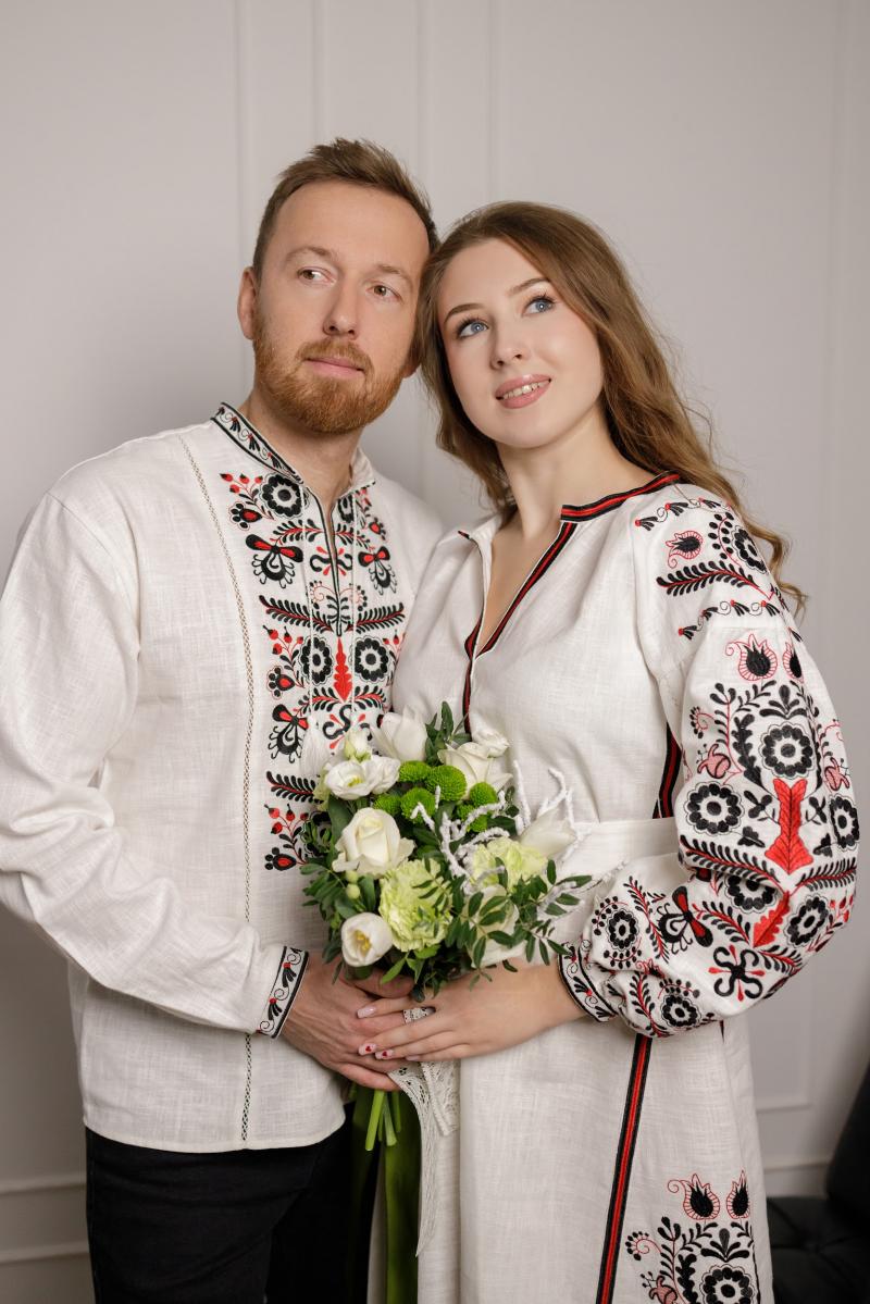 Парний комплект з червоно-чорною вишивкою на льоні "Розмай"  (сукня+вишиванка) від ТМ КАЛИНА