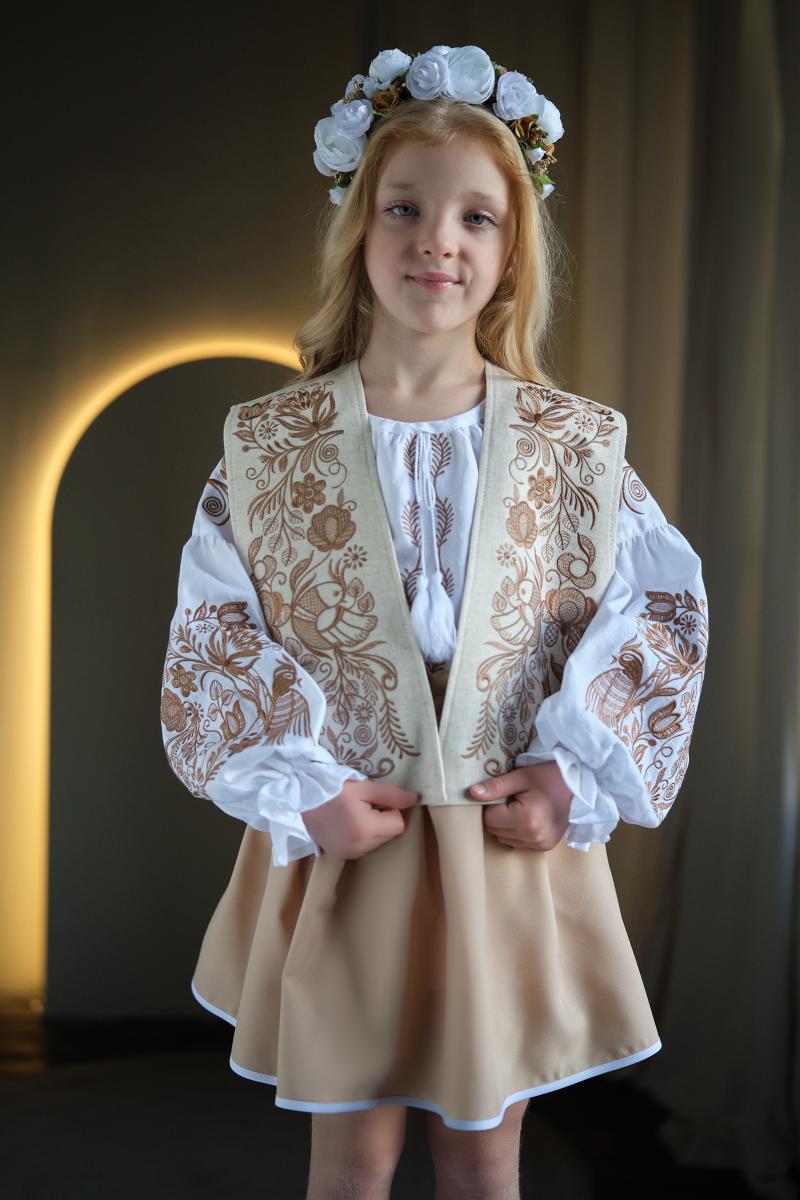 Стильна лляна вишиванка для дівчаток білого кольору "Райська пташка" від ТМ КАЛИНА фото 7