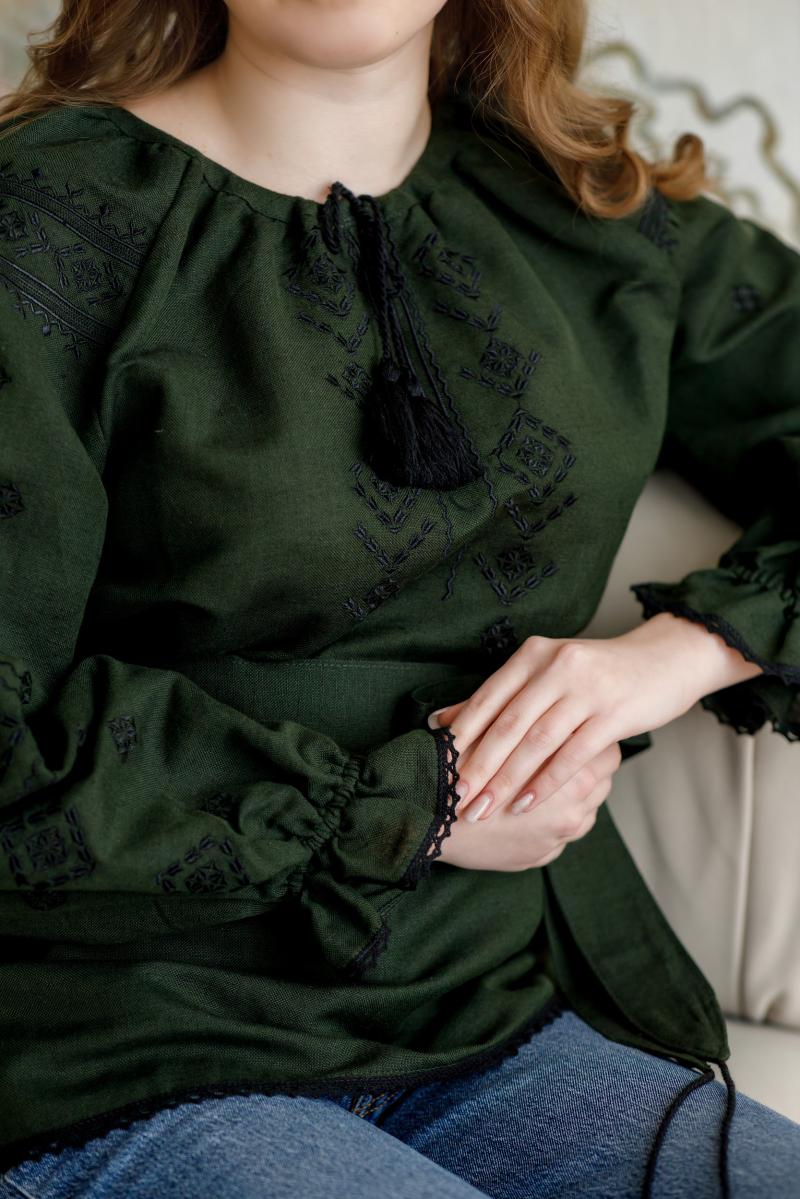 Жіноча лляна вишиванка зеленого кольору від ТМ КАЛИНА фото 1