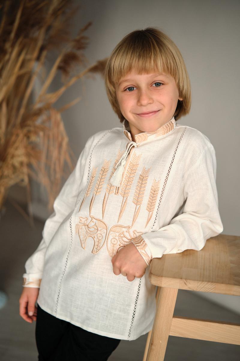 Вишиванка для хлопчика з натуральної тканини (кропива) молочна основа "Коники" від ТМ КАЛИНА