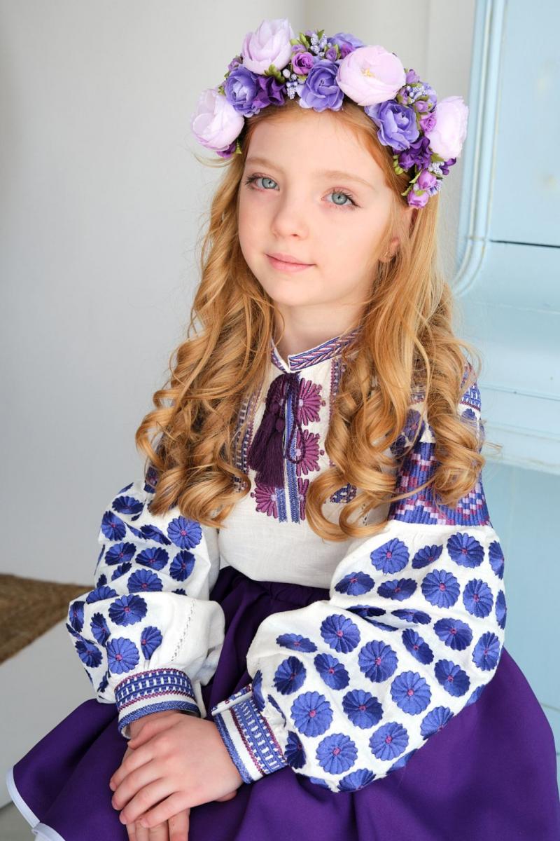 Неймовірна яскрава лляна вишиванка для дівчаток "Розквіт" (фіолетова) від ТМ КАЛИНА