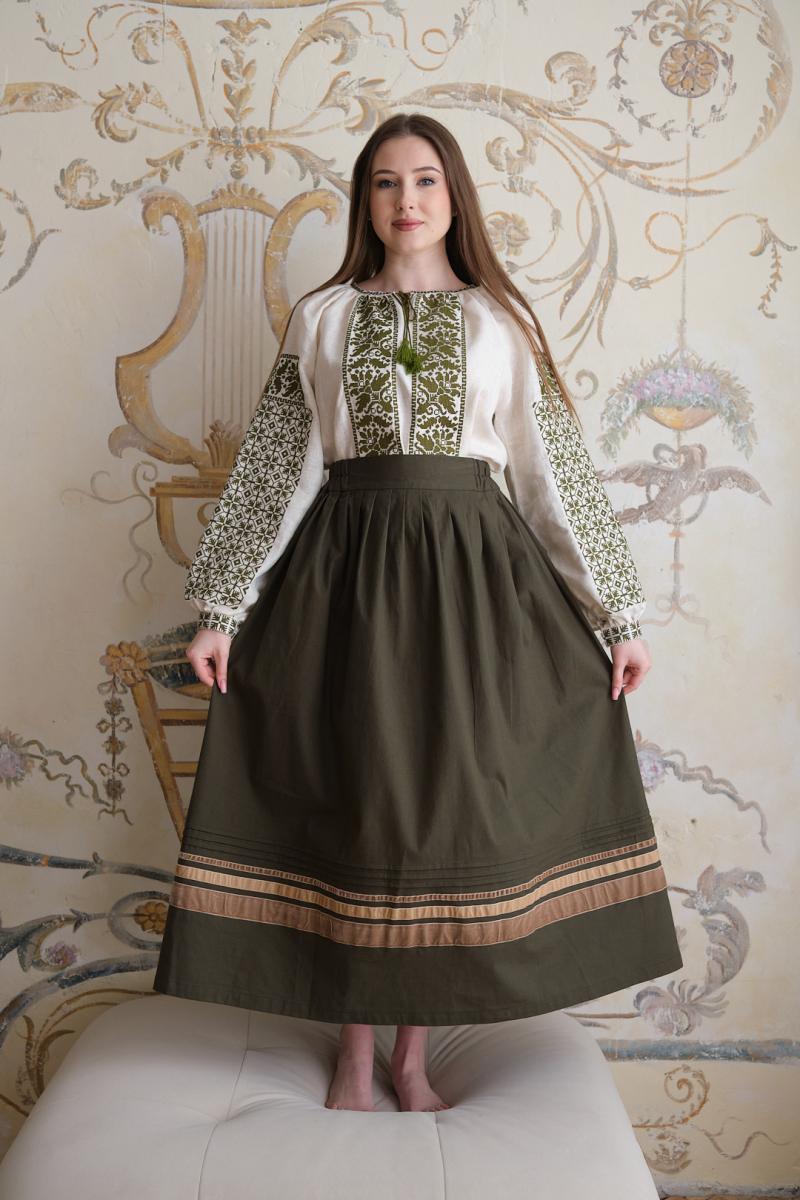 Жіноча спідничця оливкового кольору до вишиванки