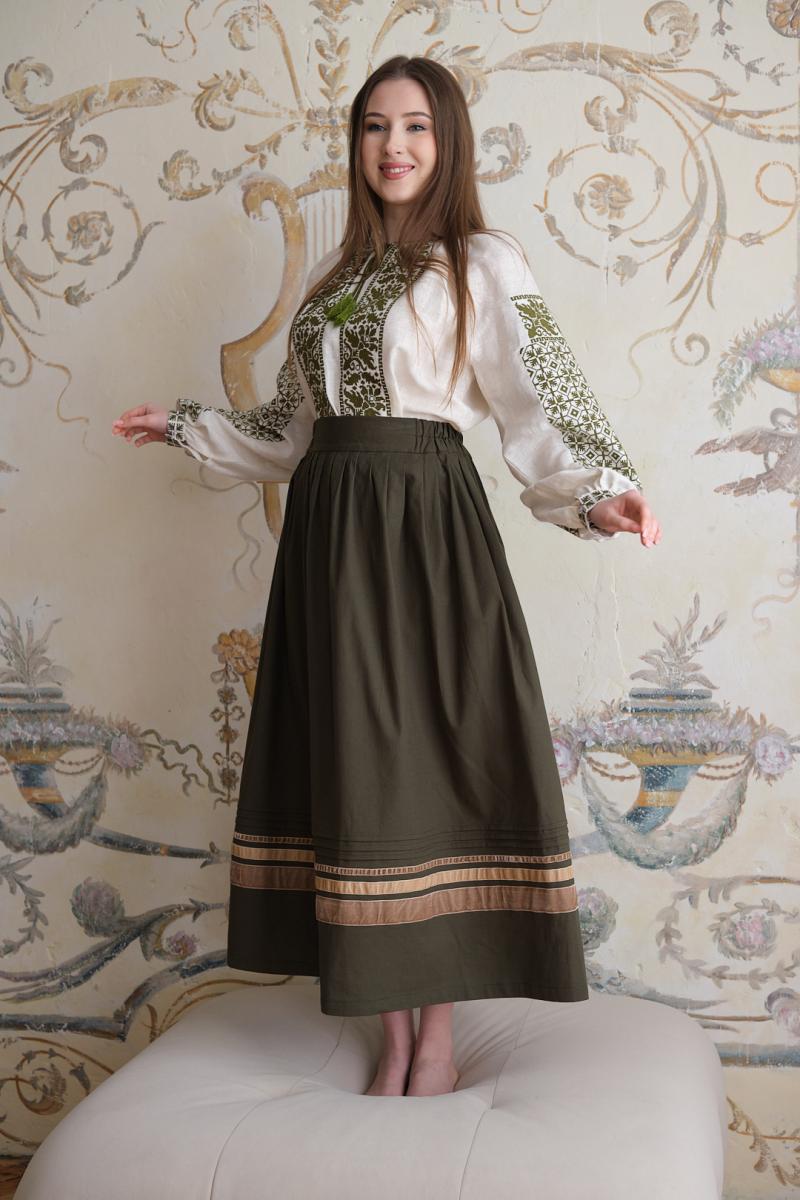 Жіноча спідничця оливкового кольору до вишиванки фото 1