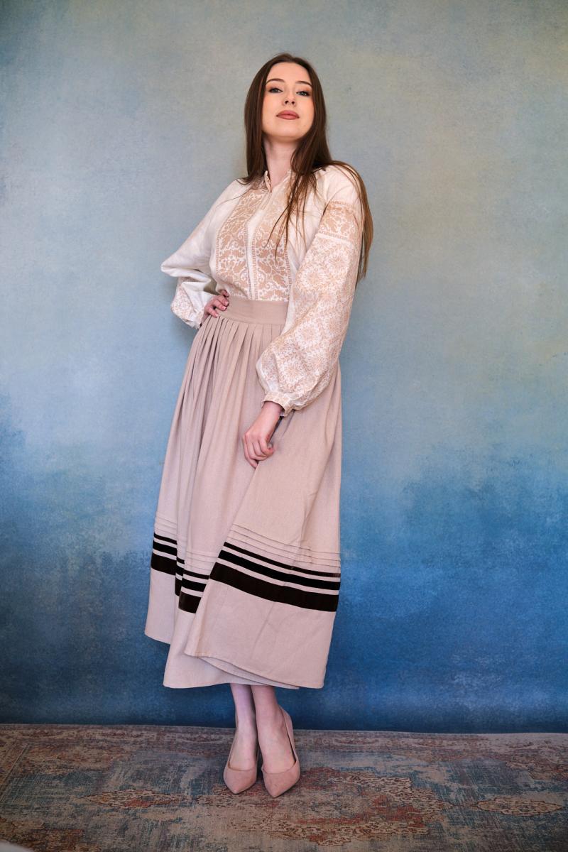 Жіноча лляна спідниця бежевого кольору під вишиванку фото 2