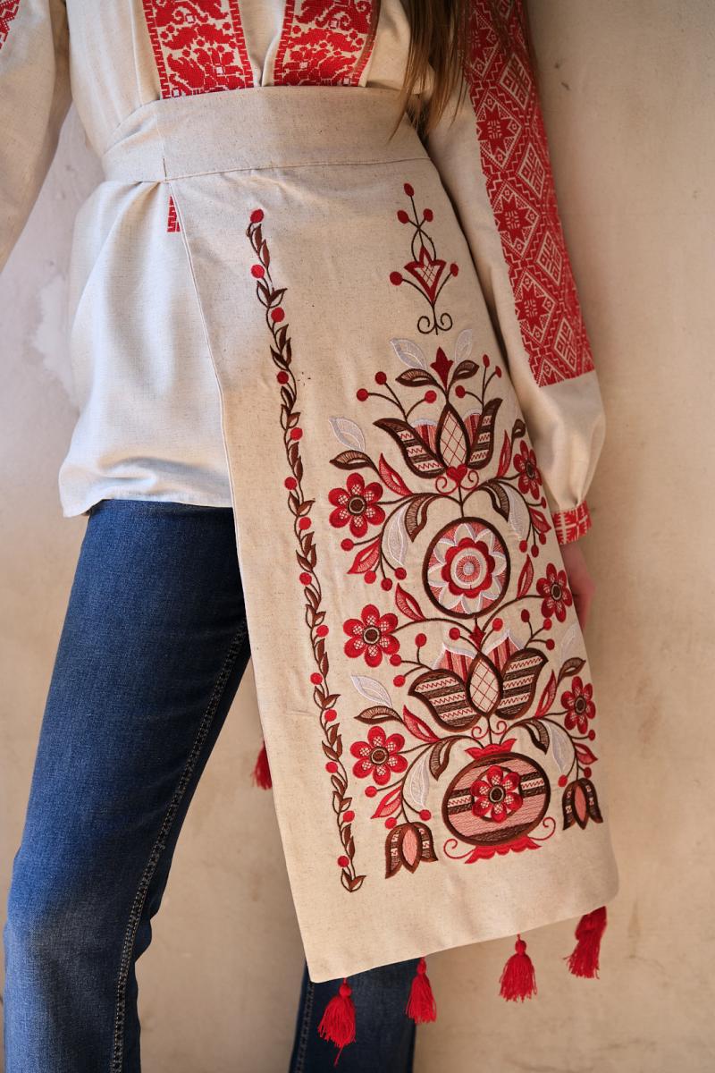 Вишитий лляний фартух з китицями "Квітка" від ТМ КАЛИНА фото 1