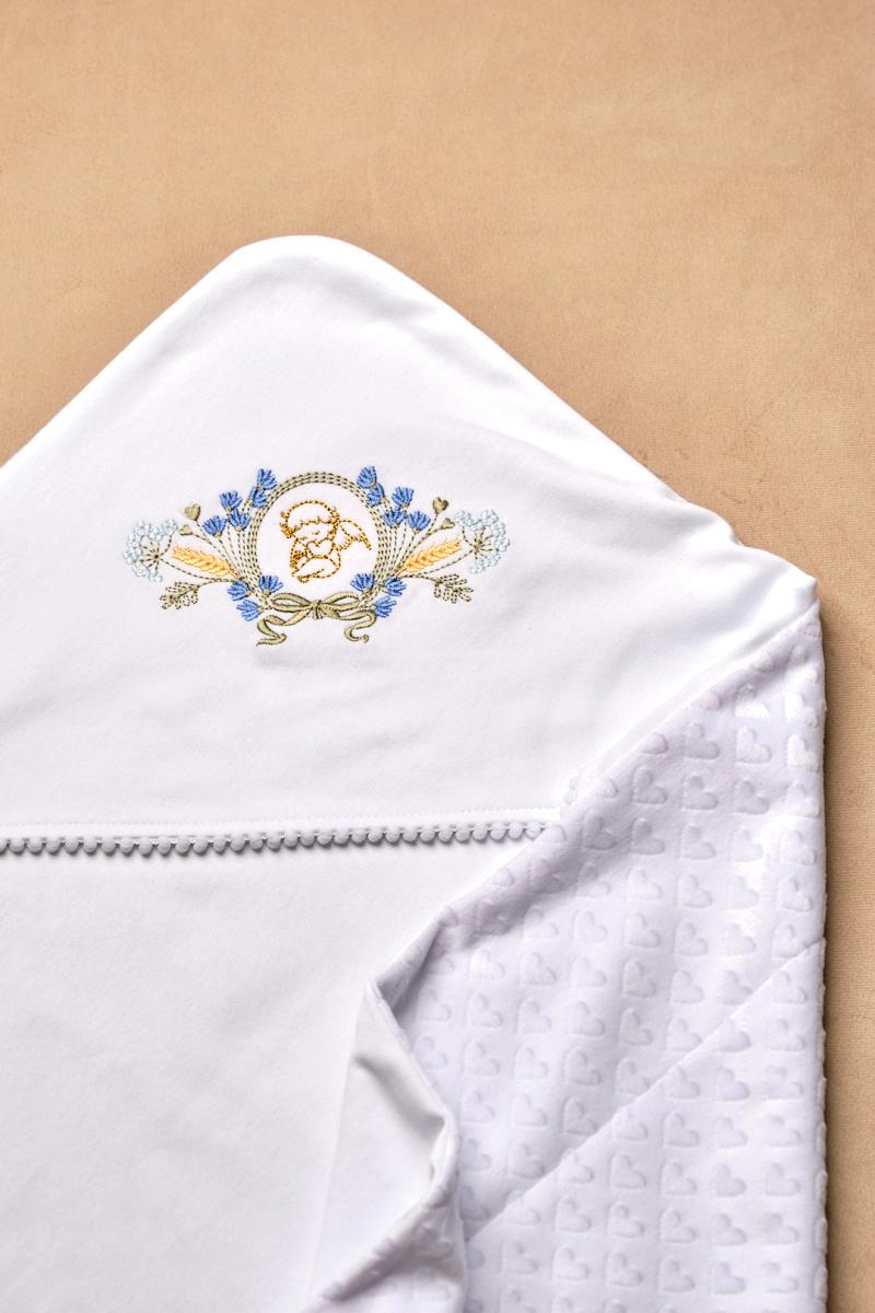 Тепла крижма білого кольору  з мінкі плюшу для хрещення "Квіти в колосках"