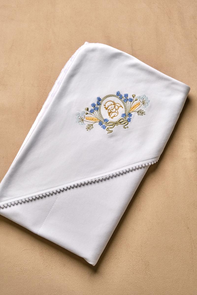 Тепла крижма білого кольору  з мінкі плюшу для хрещення "Квіти в колосках" фото 1