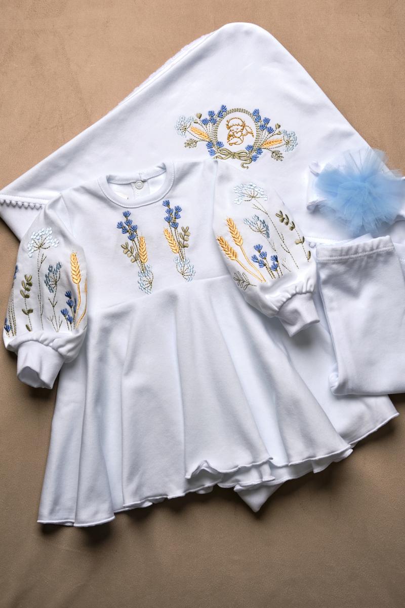 Тепла крижма білого кольору  з мінкі плюшу для хрещення "Квіти в колосках" фото 7