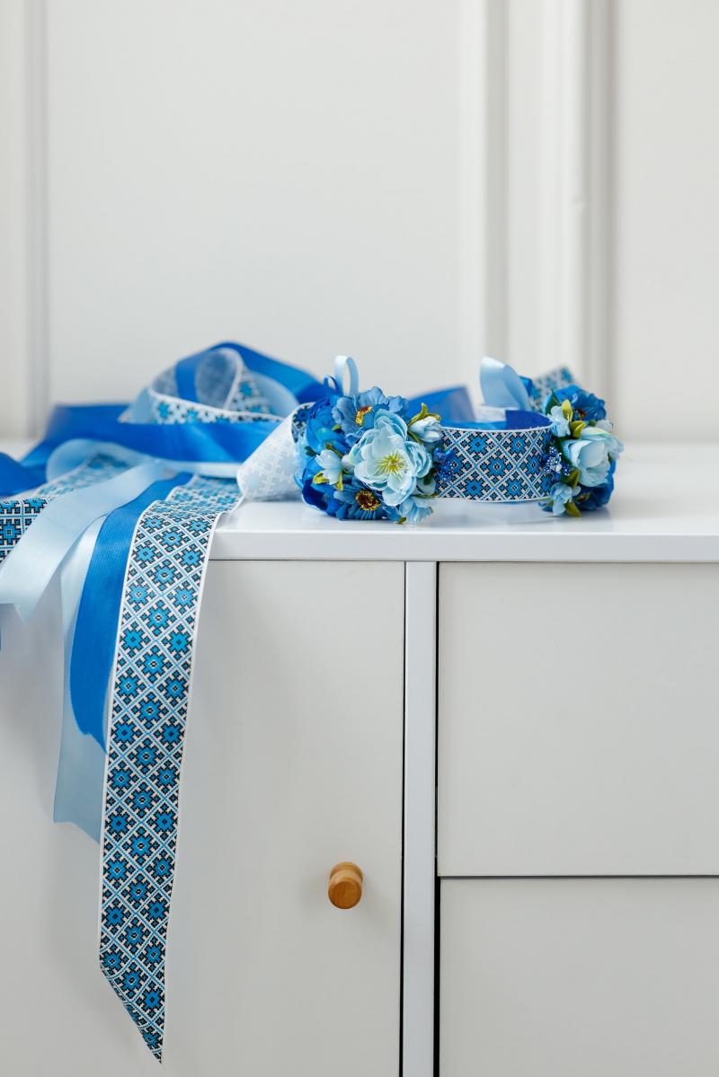 Темно блакитний  віночок зі стрічками  фото 1