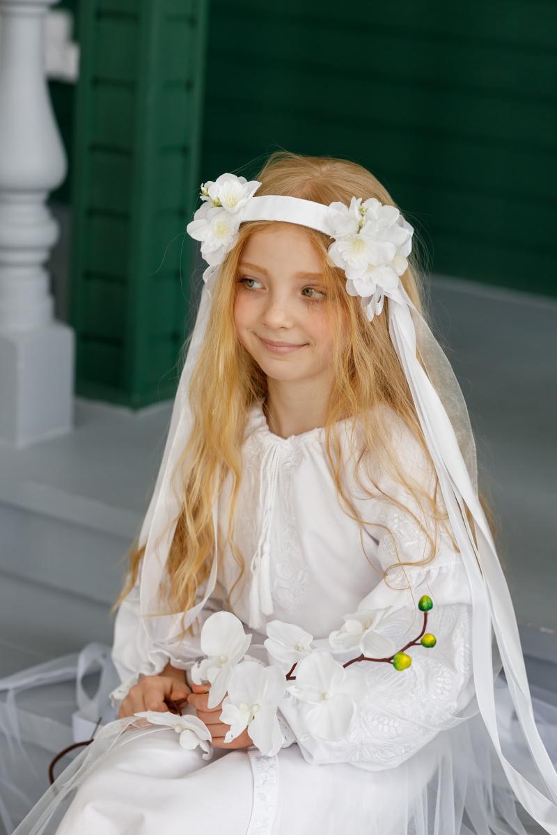 Білосніжний віночок зі стрічками  для дівчаток фото 3