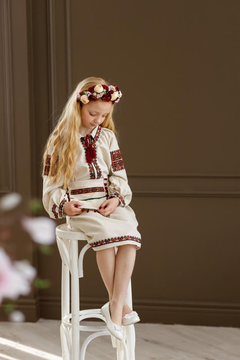 Стильна лляна сукня для дівчинки "Етно " з сумкою -ладункою  фото 1